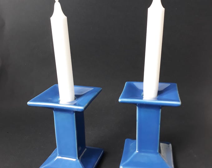 Höganäs Sweden. Pair of Candle Stick Holders in White Colour, Glossy Glaze. Vintage Stoneware. Column Style. Scandinavian Design. Marked.