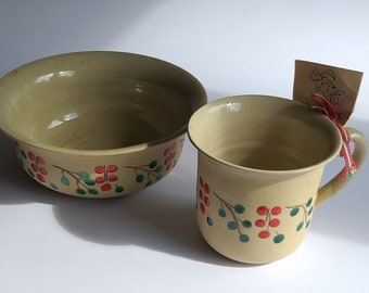 LM Keramik Sweden. Stoneware Cereal, Jam Bowl, Cup. Unglazed Outside, Orange Glazed Lingonberries. Glazed Inside. Vintage Swedish Pottery.