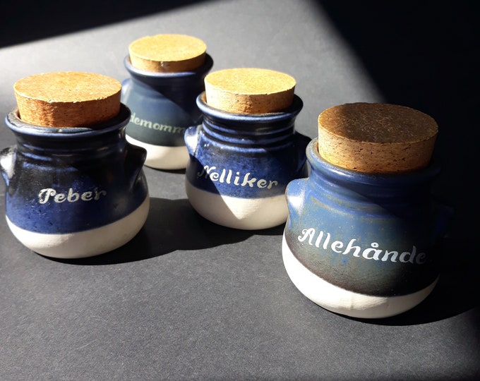 Set of 4 Aksini Denmark Stoneware Jars Containers for Spices. Design by Aksel Sigvald Nielsen Bornholm. Well Made Danish Retro Art Pottery.