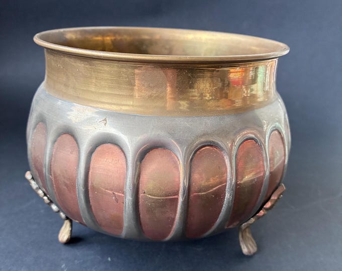Vintage Brass Planter on Feet, featuring a Silver-tone Drip-effect Decoration and a Copper-coloured Base. Ornate legs. Pre - Owned. Patina.