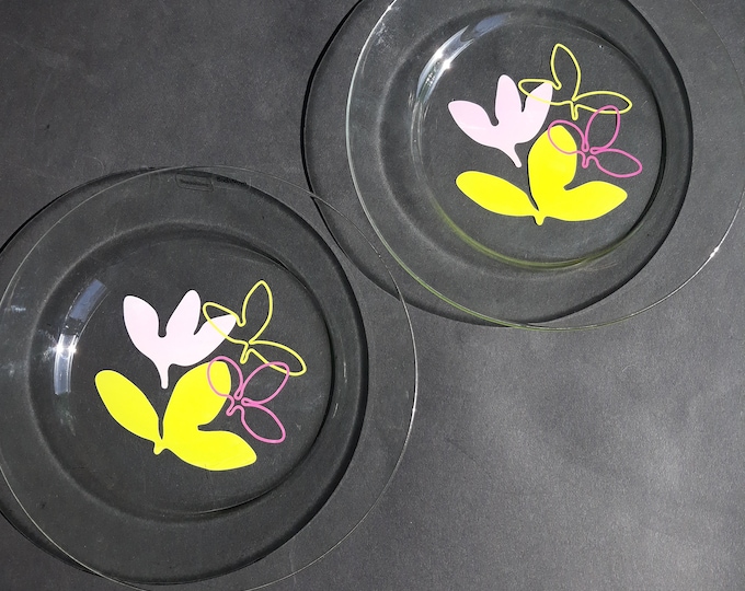 Set of 2 Boda Nova Sweden Clear Glass Plates with Painting in Middle. Pastel Spring Colours. Cake, Salad, Sandwich Plate. Not Used.