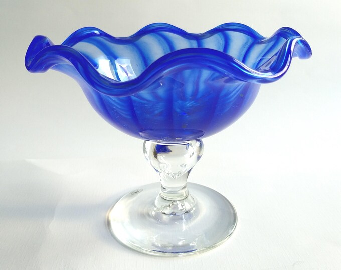 Sweden Reijmyre Art Glass. Beautiful  Compote in Blue tones. Scandinavian Design. Rare Find. Elegant Vintage Dish on Pedestal.