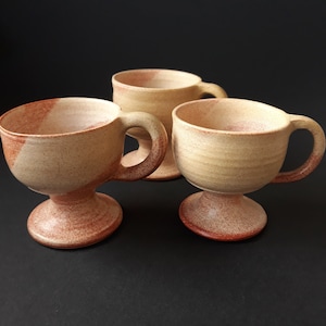 Set of 3 Studio Pottery Ceramic Goblets, Cups on Pedestal with Handle. Beige Tone Colour Palette.  Artist Signed. Kirsten Lugnick.