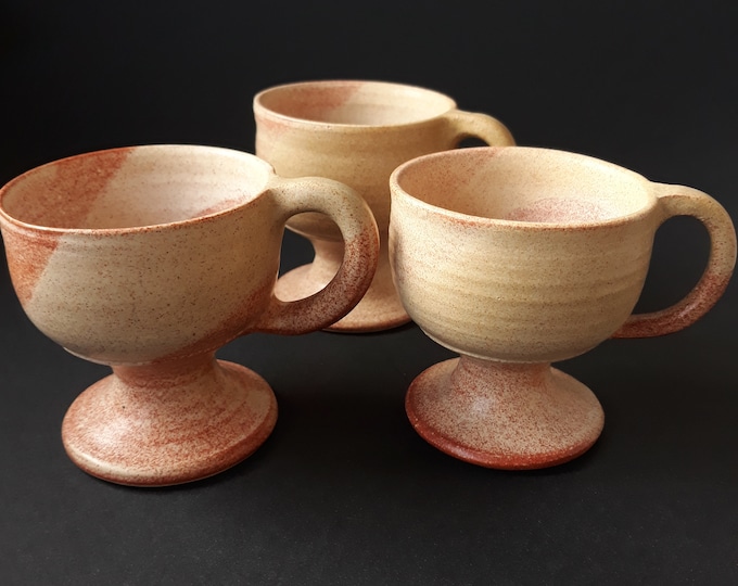 Set of 3 Studio Pottery Ceramic Goblets, Cups on Pedestal with Handle. Beige Tone Colour Palette.  Artist Signed. Kirsten Lugnick.