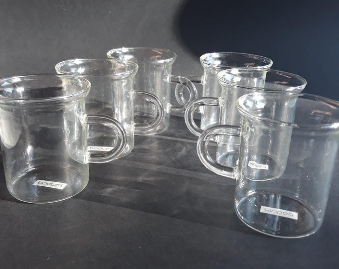 Rare Set of 6 Vintage Bodum Bistro Coffee Espresso Cups, Mugs made of Heat Resistant Glass with Glass Handles. 200 ml 7oz Marked. Retro.