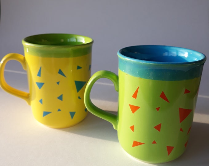 Staffordshire England. Set of Two Ceramic Mugs. Geometric Colourful Design. Green, Yellow. English Pottery. Excellent Vintage Condition.