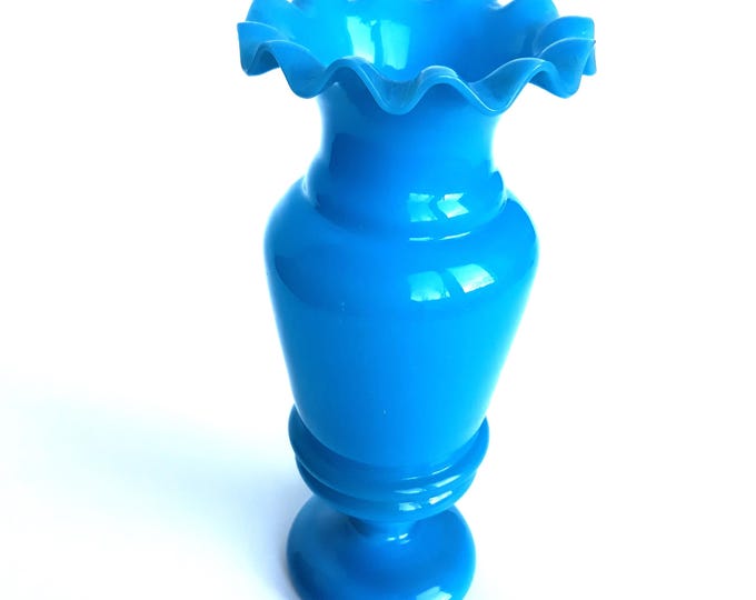 Lovely Victorian Bristol Blue Glass Vase. Delicate 19th Century Hand blown Pedestal based Vase. Elegant Shape. Sophisticated Scalloped Rim.