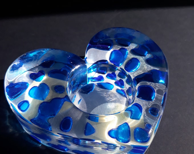 Sea Glasbruk Sweden Clear Crystal Glass Tea Light Holder with Hand Painted Blue Hearts. Original Label Intact. Swedish Vintage Home Decor.