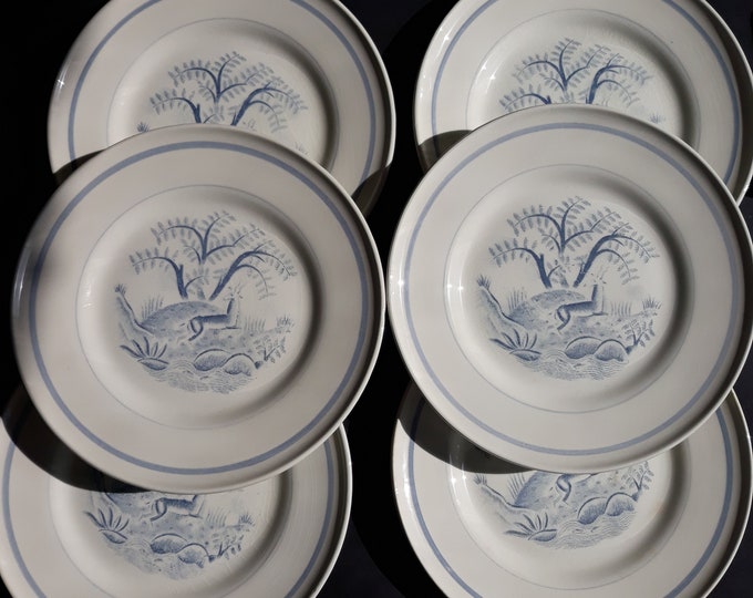Gefle Sweden. Set of 6 Antique Porcelain Cake Plates Pattern Tibet Produced 1933 - 1943. Center Scene with Gazelle. Design by Arthur Percy.