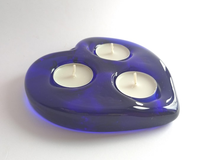Beautiful Vintage Cobalt Blue Crystal Glass Tea Candle Holder from Sweden. Heart Shape. Heavy Solid Glass Piece. Scandinavian Glass.