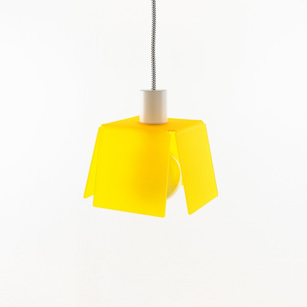 Cube Suspension Lamp, from the Ceiling, Laser cut and folded by hand, Yellow Color