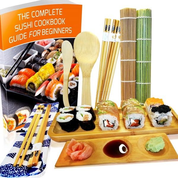 Sushi Making Kit 11-teilig - Bambus-Sushi-Rollmatte und Servierset - Stellen Sie Ihr eigenes Sushi zu Hause her mit eBook