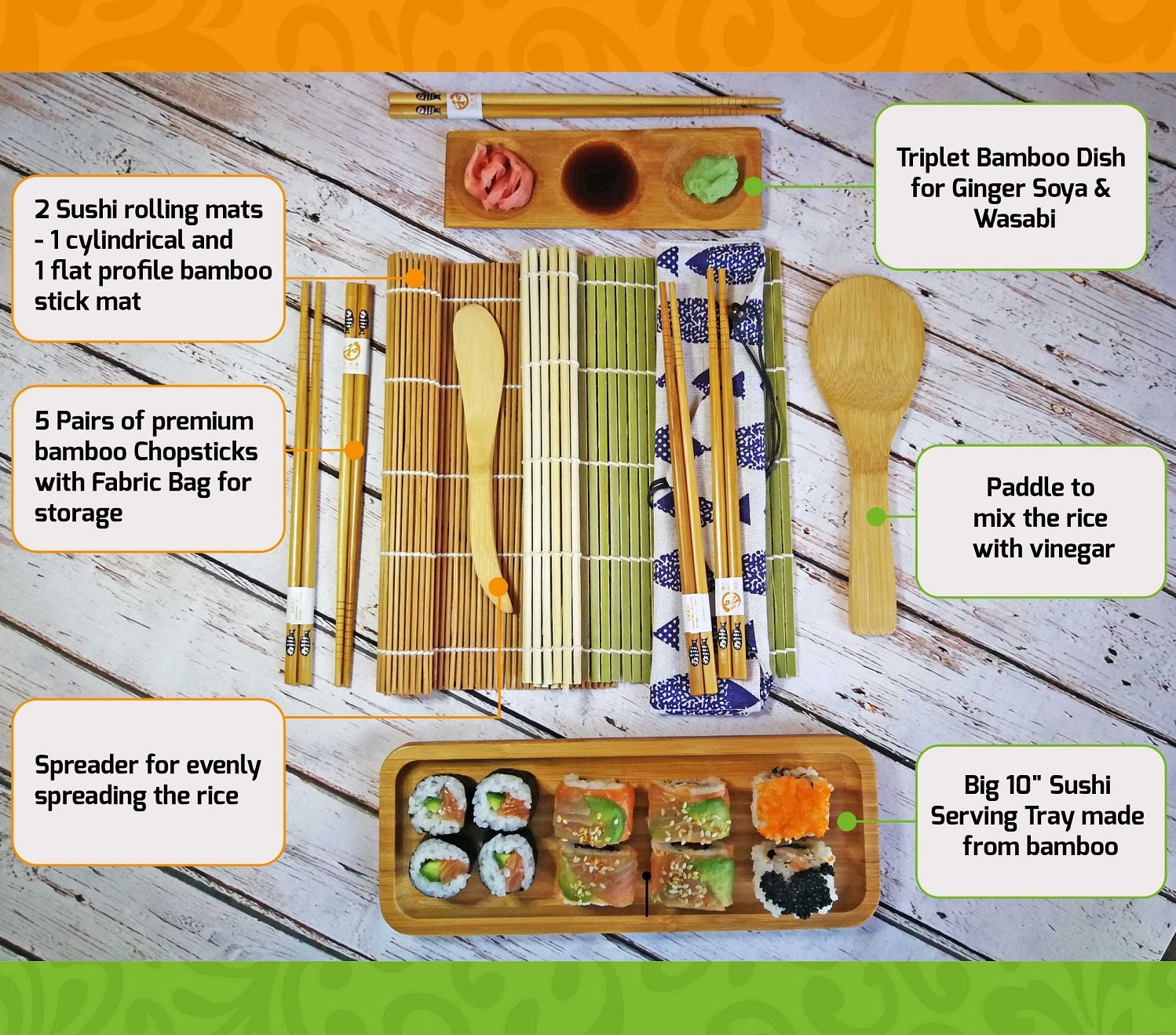 Bamboo Sushi Making Kit with 2 Sushi Rolling Mats, 5 Pairs of Reusable  Bamboo Chopsticks, 1 Rice Paddle and 1 Spreader - Beginner Sushi Kit