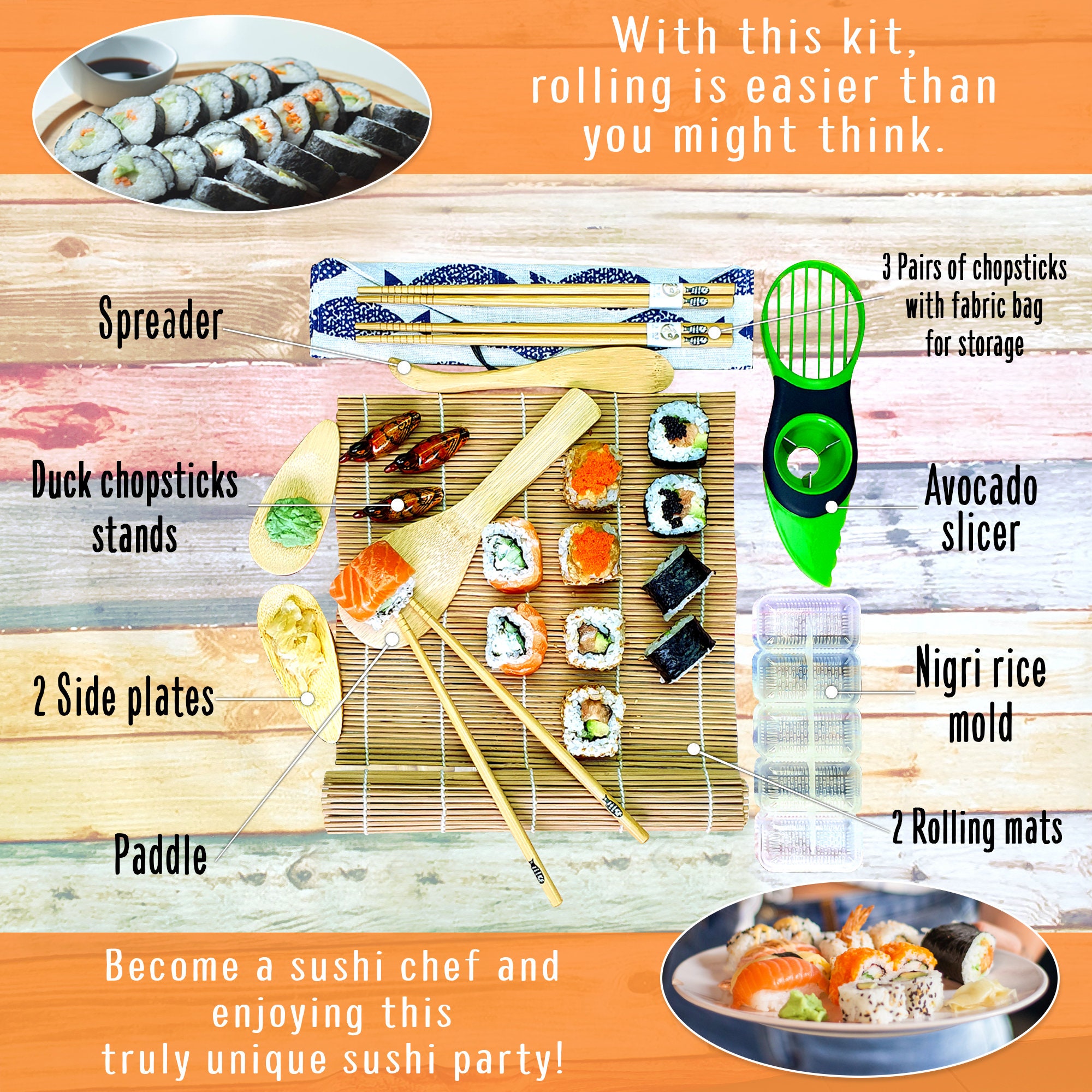 Sushi Making Kit, Sushi Rolling Mats Rice Paddle Rice Spreader DIY Plastic  Two Hand Roll Sushi for Beginner Sushi Maker 