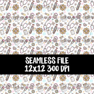 Söt medicinsk sömlös mönster PNG | Sjuksköterska läkare Clipart | 12x12 300 DPI digitalt papper | Sublimeringsbakgrund för sjukvård | Kawaii medicinsk