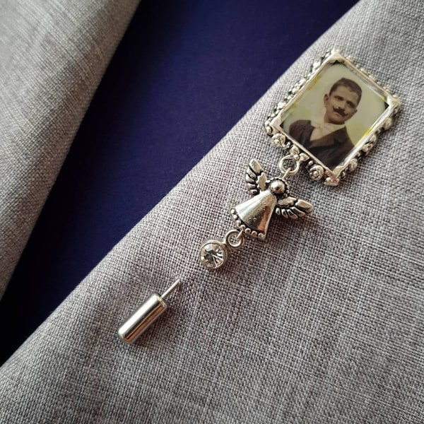 Memorial Pin for Groom, Photo Lapel Corsage for Men, Memorial Brooch Keepsake, Wedding Jewelry Charm Frame for Him, DIY or Customized Photo