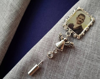 Memorial Pin for Groom, Photo Lapel Corsage for Men, Memorial Brooch Keepsake, Wedding Jewelry Charm Frame for Him, DIY or Customized Photo