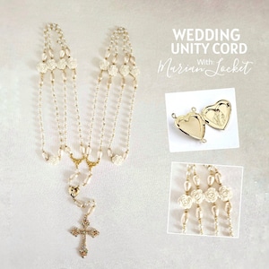 Gold - White Rose Pearl Rosary-Like Unity Cord with Marian Locket Centerpiece, Photo Unity Cord for Wedding, Lasso, Yugal, Filipino Hispanic