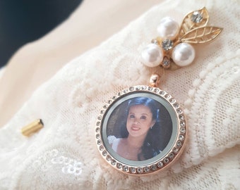 Gold Memorial Brooch Pin for Women with Rhinestones, Photo Lapel Pin, Wedding Bouquet Charm Memorial Gift, Mother&#39;s Gift, Memorial Keepsake