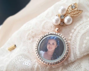 Gold Memorial Brooch Pin for Women with Rhinestones, Photo Lapel Pin, Wedding Bouquet Charm Memorial Gift, Mother's Gift, Memorial Keepsake