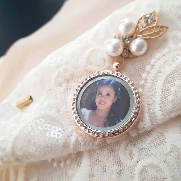 Gold Memorial Brooch Pin for Women with Rhinestones, Photo Lapel Pin, Wedding Bouquet Charm Memorial Gift, Mother's Gift, Memorial Keepsake