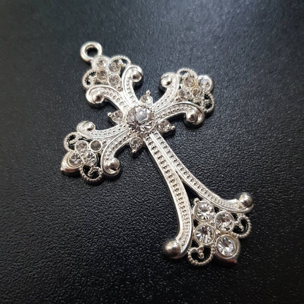 Big Silver Cross with Rhinestones, Ornate Cross, Bejeweled Crucifix, Religious Pendant, Tibetan Cross, Fashion Cross, Antique, Victorian