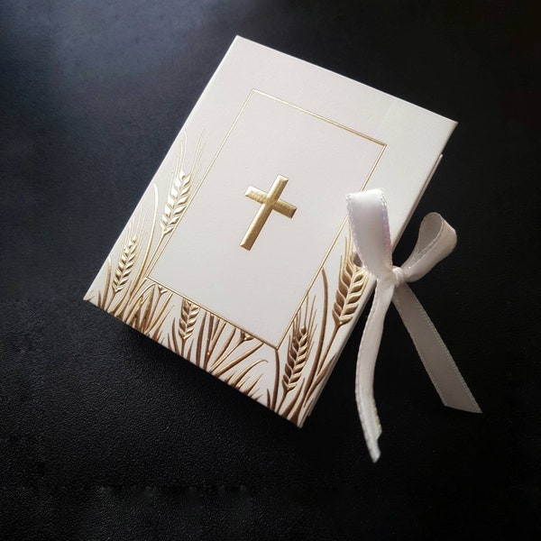 10/20 Holy Cross White and Gold Favor Box, Candy Gift box  for Christening, Baptism, First Communion, Confirmation, Perp Profession, Wedding