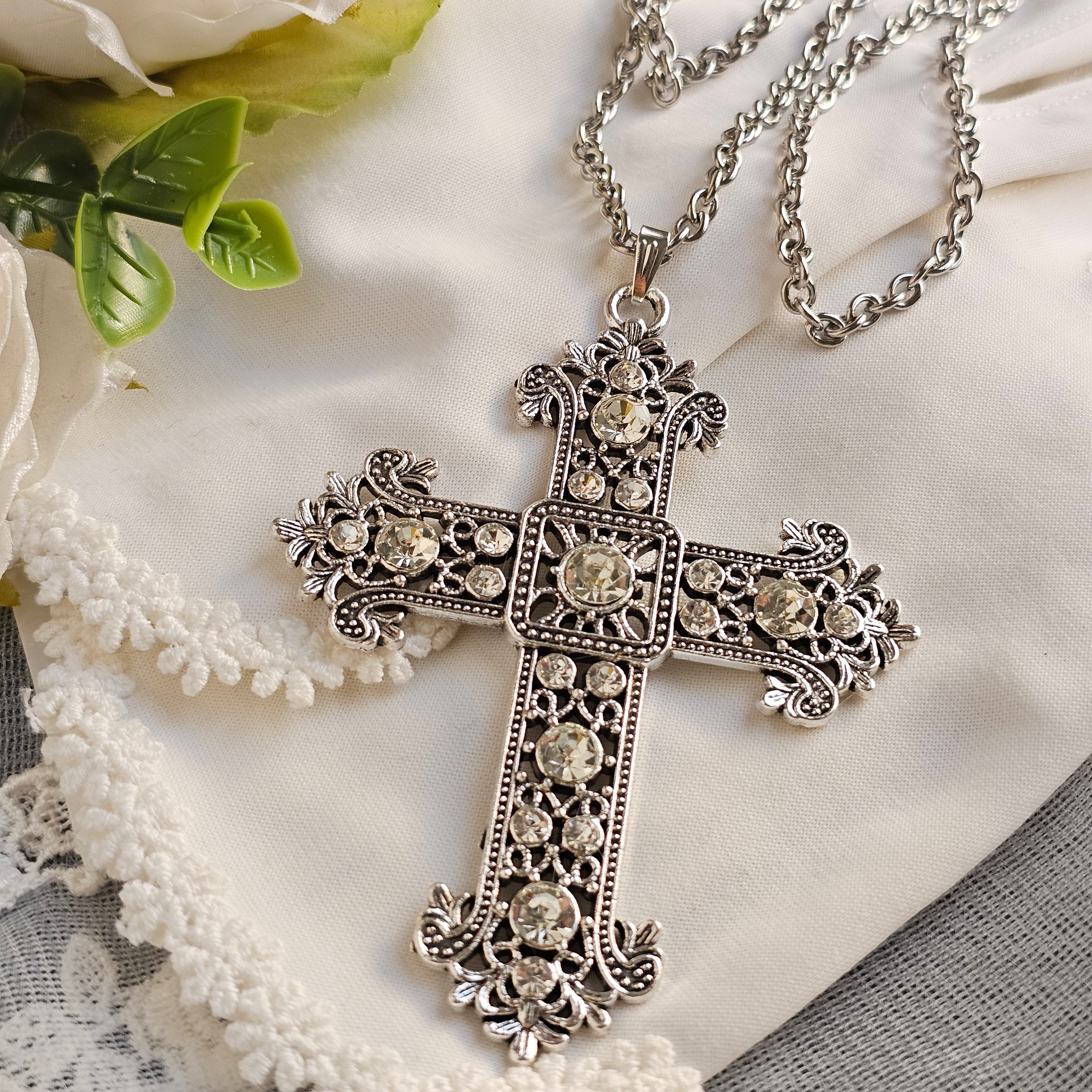 Giovanni Big Silver Antique Cross With Rhinestones for Pendant
