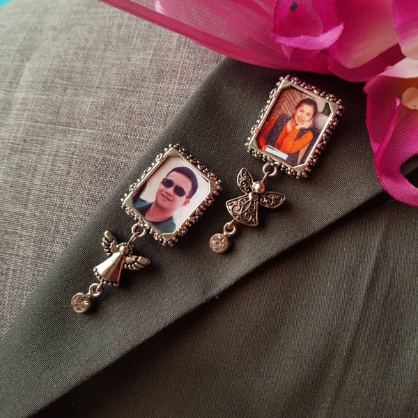 Memorial Pin with Clasp Pin Back for Men, Wedding Photo Lapel Pin, Photo Corsage Bottonaire with Angel Charm, Customize Photo Pins for Groom