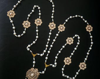 Anne - Gold Catholic Pearl Wedding Unity Cord Rosary-Like Lasso Cord with White Rose Enamel Centerpiece for Unity Veil and Cord Ceremony