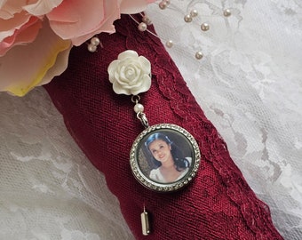 Florence Memorial Bouquet Pin - White Rose with Silver Round Rhinestone Glass Locket  for Weddings Bridal Bouquet 2 Photos Bouquet Pin