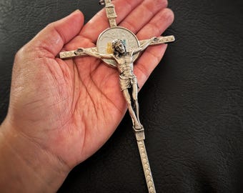 Lourdes Crucifix Pendant | Catholic Cross Pendant with Our Lady of Lourdes Scene | INRI Jesus Cross Charm | Religious Necklace Pendant