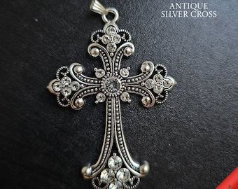 Timothy - Big Antique Silver Cross with Rhinestones Ornate Pendant Cross Bejeweled Crucifix Religious Pendant Tibetan Cross Fashion Cross