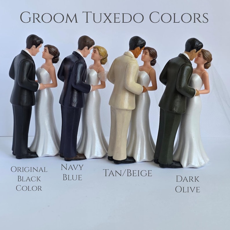May include: Wedding cake toppers featuring a groom in a tuxedo and a bride in a white gown. The toppers are available in black, navy blue, tan/beige, and dark olive. The text "GROOM TUXEDO COLORS" is at the top, with color names below.