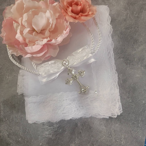 Unity Veil and Cord Set-White Crystal Drops Tulle Lace with White Cord and Silver Cross or White Tassels Catholic Filipino Hispanic Weddings