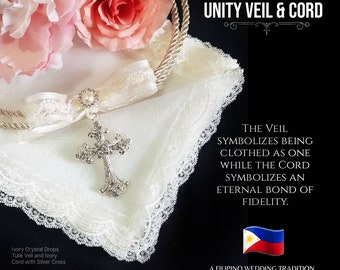 Filipino Unity Veil and Cord SET, Secondary Sponsor Wedding Philippines Pinoy Tradition Belo at Cord White Lace orTulle with Bejeweled Cross