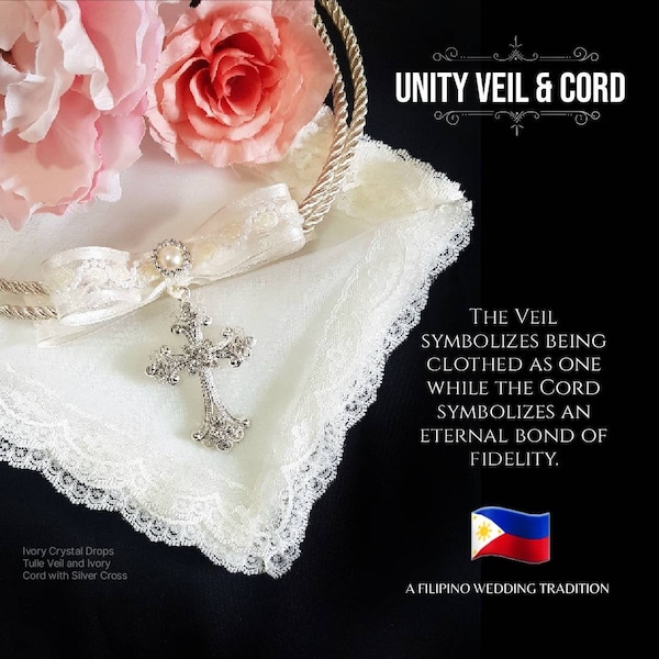 Filipino Unity Veil and Cord SET, Secondary Sponsor Wedding Philippines Pinoy Tradition Belo at Cord White Lace orTulle with Bejeweled Cross