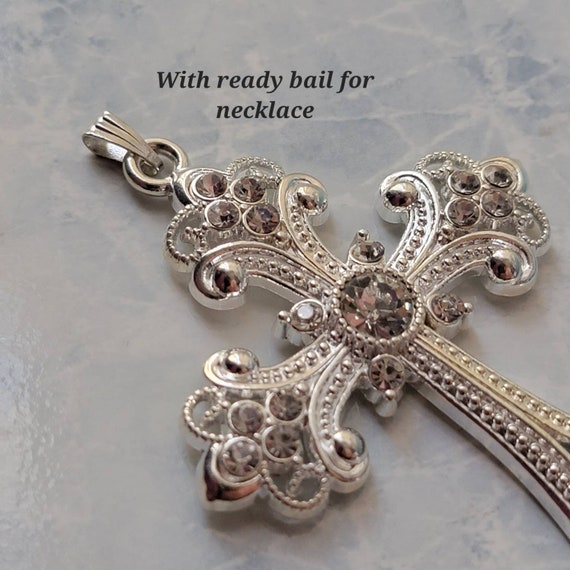 Big Silver Cross With Rhinestones, Ornate Cross, Bejeweled
