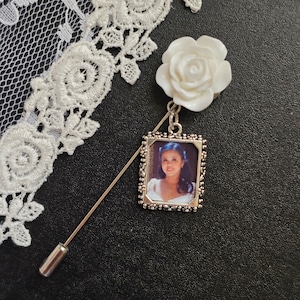 White Rose Memorial Photo Pin, Memorial Keepsake, Photo Souvenir, Bridal Bouquet Pin, Grooms Lapel Pin, Mothers Fathers Day