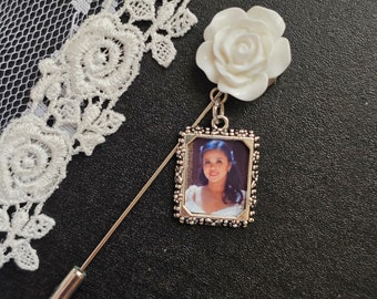 White Rose Memorial Photo Pin, Memorial Keepsake, Photo Souvenir, Bridal Bouquet Pin, Grooms Lapel Pin, Mothers Fathers Day