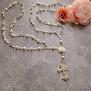 Catholic Pearl Wedding Unity Cord Rosary - Like Lasso Cord with White Rose Centerpiece for Unity Veil and Cord Ceremony