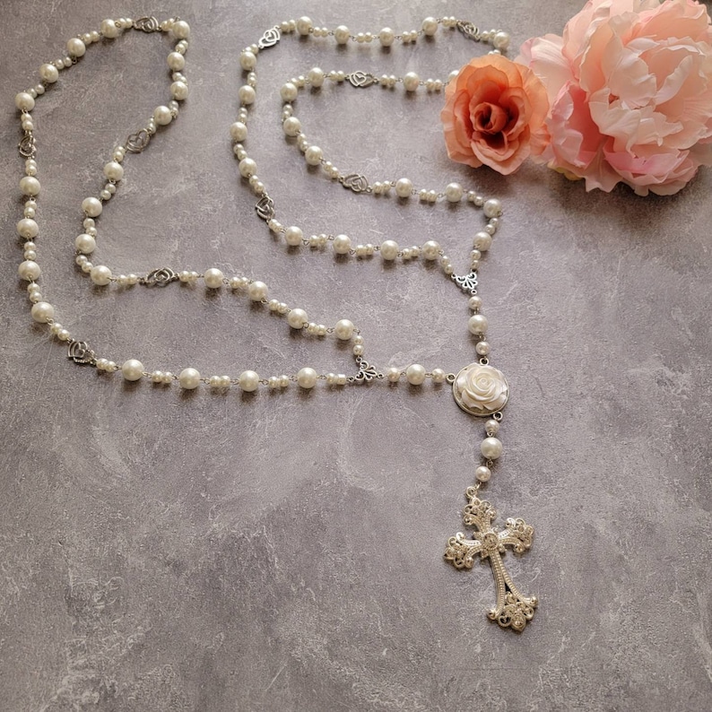 Catholic Pearl Wedding Unity Cord Rosary - Like Lasso Cord with White Rose Centerpiece for Unity Veil and Cord Ceremony image 1