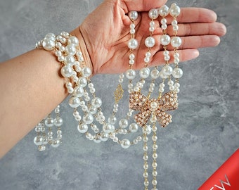Wedding Unity Cord White Pearls with Pearl-Studded Rose Gold Bow Centerpiece, Lasso for Wedding Ceremony