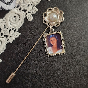 Silver Flower and Pearl Memorial Photo Pin, Memorial Keepsake, Photo Souvenir, Bridal Bouquet Pin, Grooms Lapel Pin, Mothers Fathers Day
