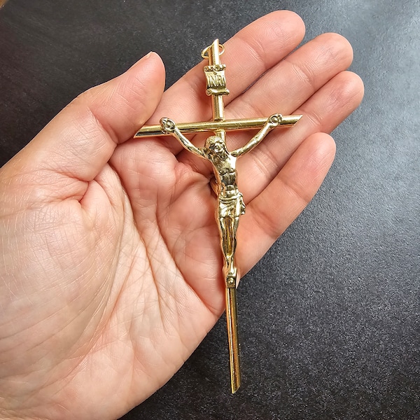 Gold Tone Jesus on the Cross XL Big Extra Large Cross Crucifix