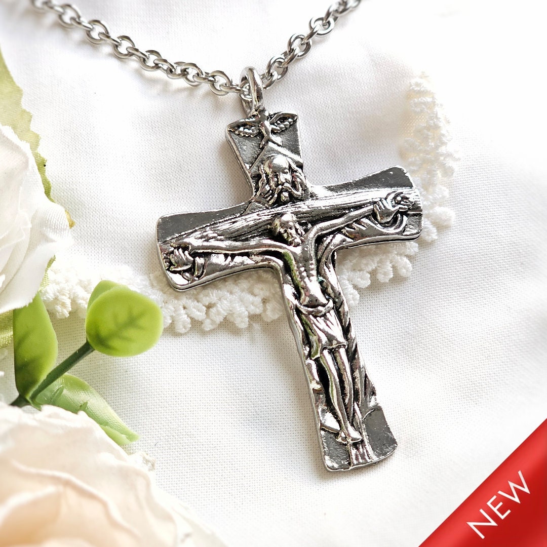 Stainless Steel Jesus Cross Crucifix Necklace - 24 Inch Chain, Catholic Religious Jewelry Gift For Men