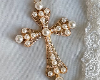 Gabrielle Rose Gold and Pearl Pendant Cross, 4 x 3 inches, Rose Gold Plated with Imitation Pearls Fashion Cross, Big Cross Necklace