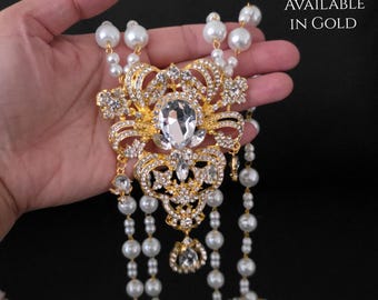 Gold Wedding Unity Cord White Pearls with Luxury Crystal Flower Brooch Centerpiece and Shoulder Accent, Lasso for Wedding Ceremony