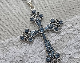 Antique Gothic Cross Pendant: Blue Rhinestone Crucifix, 24" Necklace Option