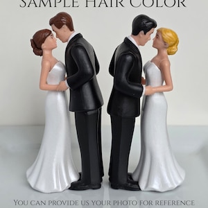 May include: Two wedding cake toppers. One couple has brown hair, the other has blonde hair. The bride figures wear white strapless gowns. The grooms wear black tuxedos. The text "SAMPLE HAIR COLOR" and "YOU CAN PROVIDE US YOUR PHOTO FOR REFERENCE" are visible.